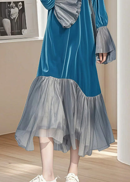Long Patchwork Sleeve Wrinkled Silk Blue Dress Flare Velvet Chic