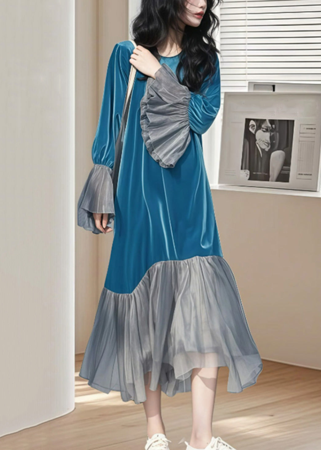 Long Patchwork Sleeve Wrinkled Silk Blue Dress Flare Velvet Chic