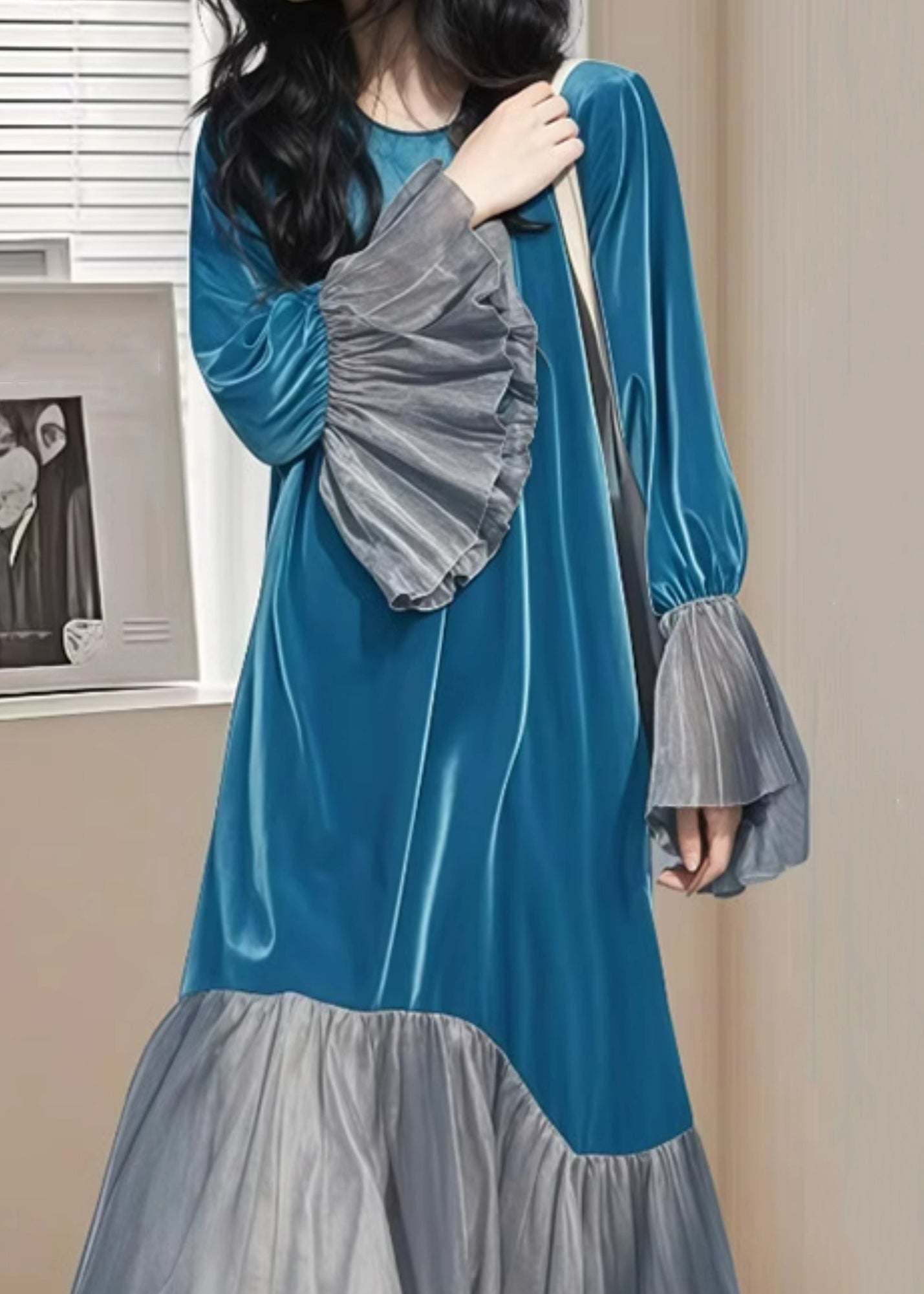 Long Patchwork Sleeve Wrinkled Silk Blue Dress Flare Velvet Chic