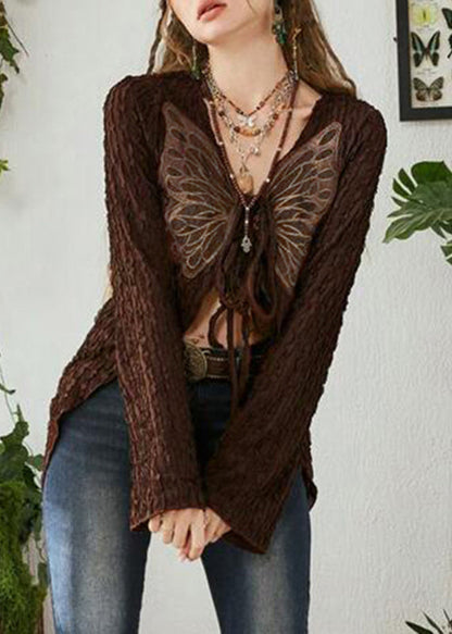 Chic Up Cotton Patchwork Lace Cardigan Brown Knitting Butterfly