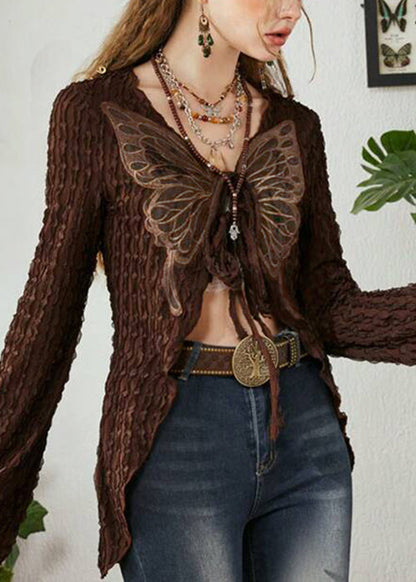 Chic Up Cotton Patchwork Lace Cardigan Brown Knitting Butterfly