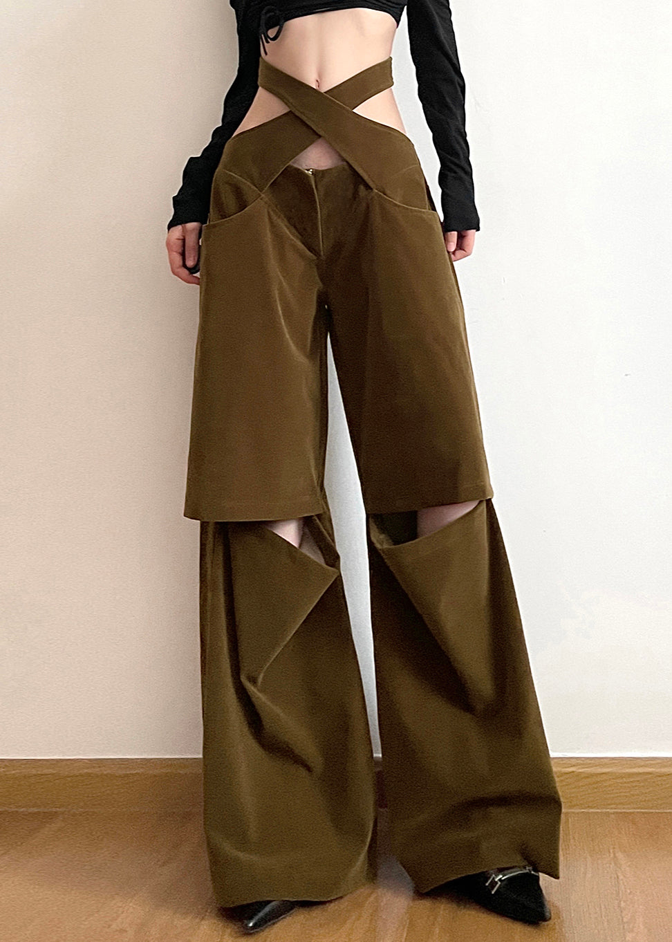 Pantalon large en coton à poches creuses marron chic automne AW1008