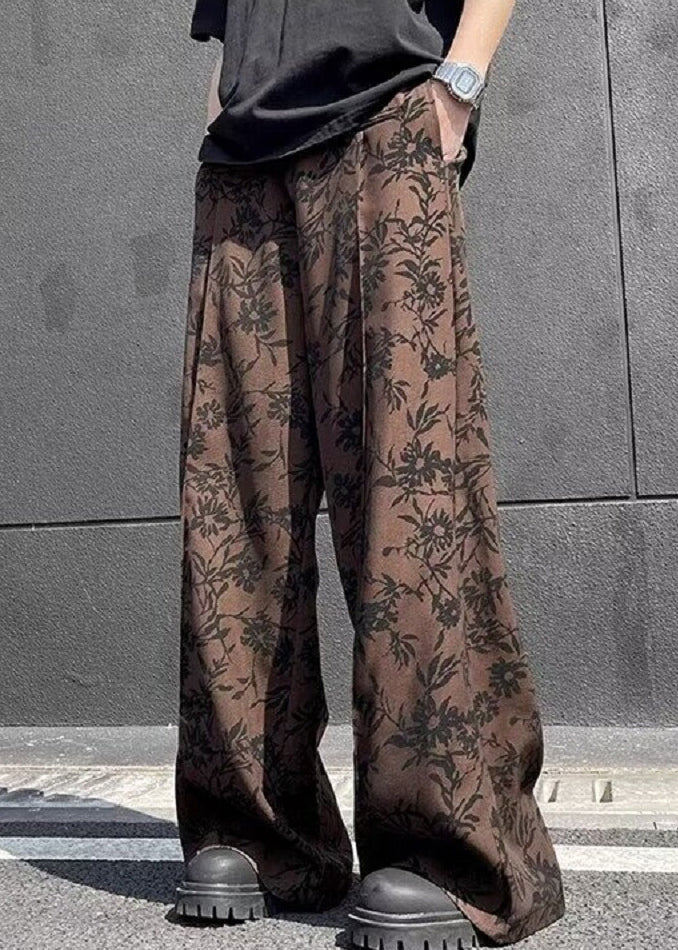 Cotton Leg Wide Print High Waist Men Chic Summer Coffee Pants