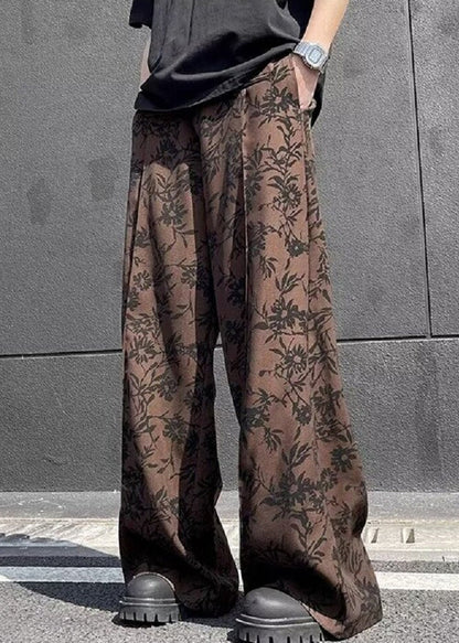 Cotton Leg Wide Print High Waist Men Chic Summer Coffee Pants