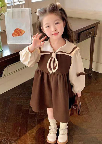 Chic Coffee Sailor Collar Patchwork Cotton Girls Dresses Long Sleeve XZ022