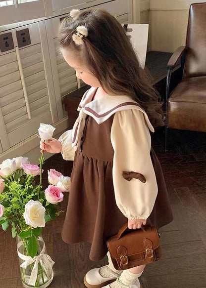 Chic Coffee Sailor Collar Patchwork Cotton Girls Dresses Long Sleeve XZ022