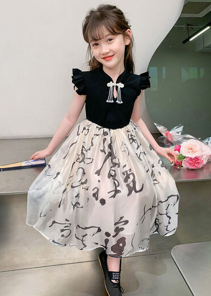 Chic Colorblock Stand Collar Print Kids Maxi Dress Short Sleeve MN005