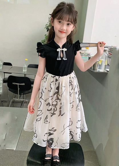 Chic Colorblock Stand Collar Print Kids Maxi Dress Short Sleeve MN005