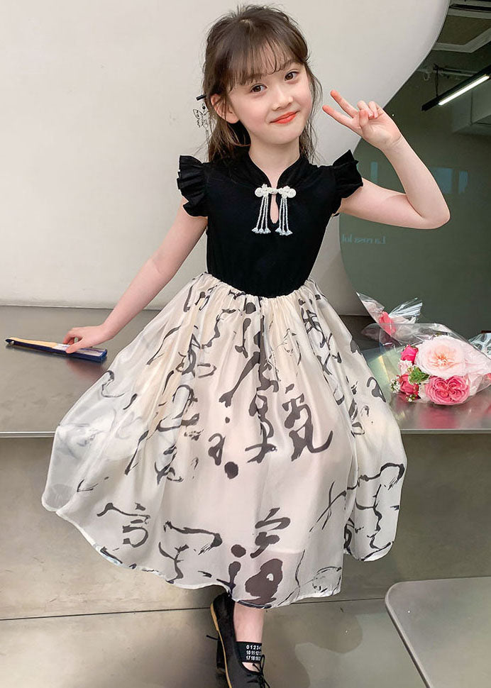 Chic Colorblock Stand Collar Print Kids Maxi Dress Short Sleeve MN005