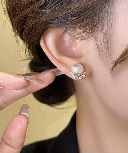 Leaf Earrings Chic Copper Zircon Pearl Stud