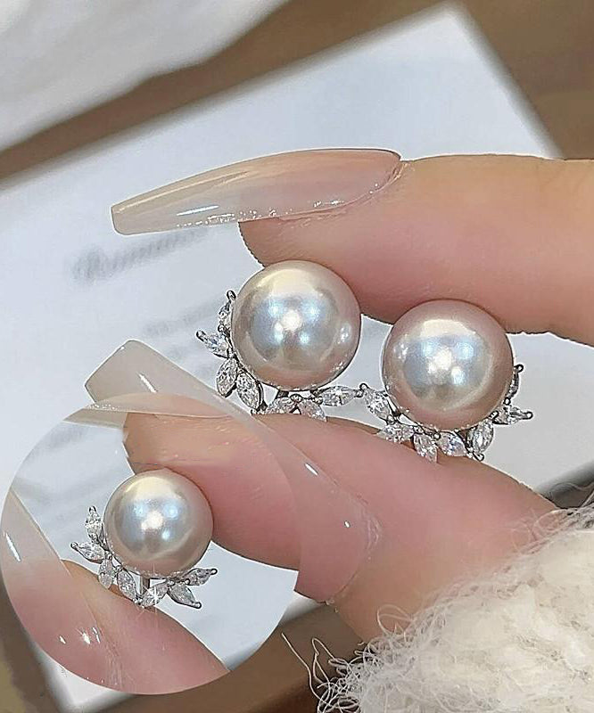 Leaf Earrings Chic Copper Zircon Pearl Stud