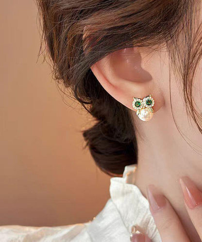 Owl Earrings Alloy Gold Chic Pearl Stud Copper Zircon