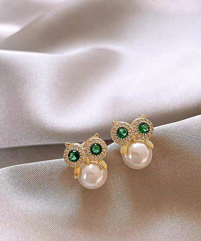 Owl Earrings Alloy Gold Chic Pearl Stud Copper Zircon