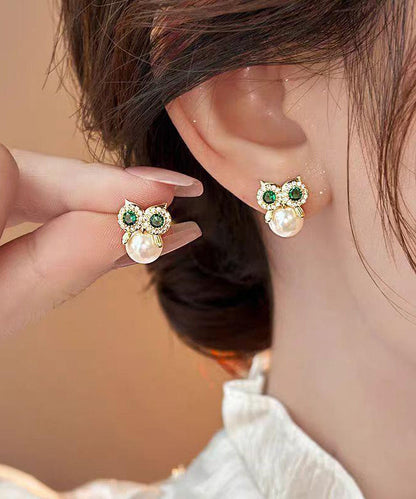 Owl Earrings Alloy Gold Chic Pearl Stud Copper Zircon