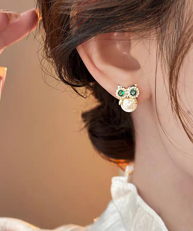 Owl Earrings Alloy Gold Chic Pearl Stud Copper Zircon