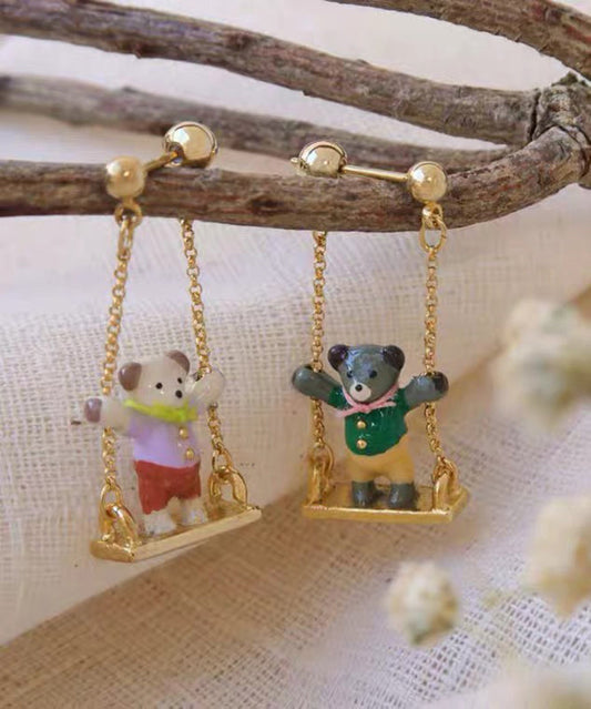 Chic Gold Sterling Silver Overgild Asymmetric Teddy Bear Swinging On A Swing Drop Earrings QD016