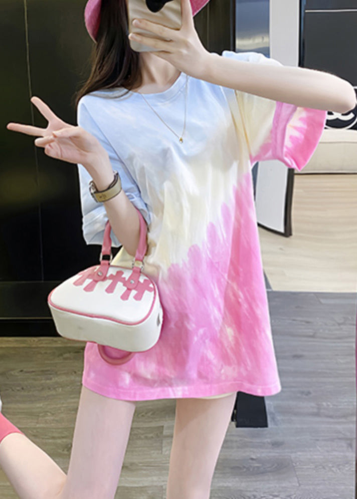 Summer Cotton Shirts Color Tie T Dye Chic Gradient Neck O
