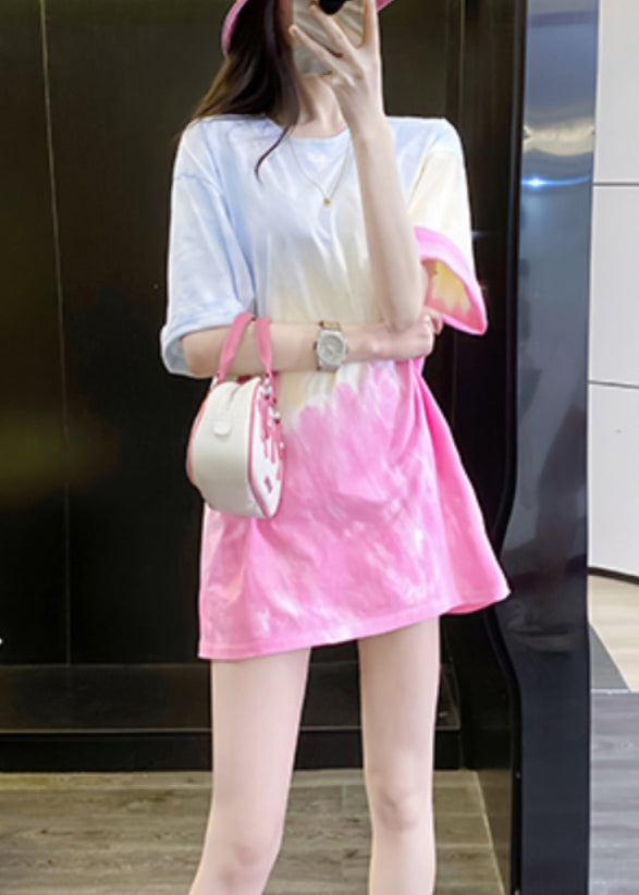 Summer Cotton Shirts Color Tie T Dye Chic Gradient Neck O