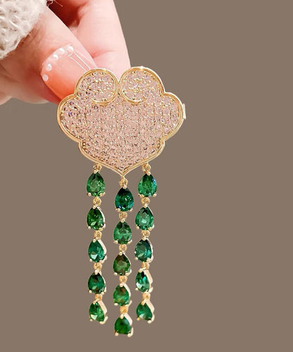 Chic Green Alloy Auspicious Clouds Crystal Tassel Brooch RG007