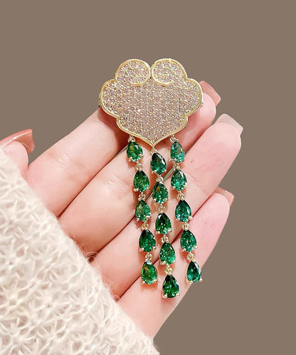 Chic Green Alloy Auspicious Clouds Crystal Tassel Brooch RG007