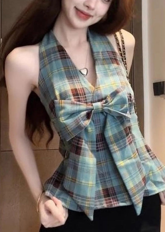 Halter Vests Backless Chic Plaid Summer Green