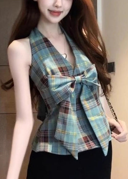Halter Vests Backless Chic Plaid Summer Green