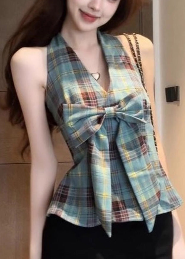 Halter Vests Backless Chic Plaid Summer Green