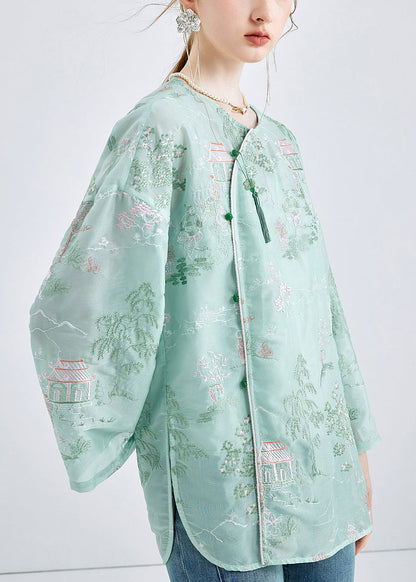 Chic Green Embroidered Button Chiffon 2 Piece Outfit Spring KK050