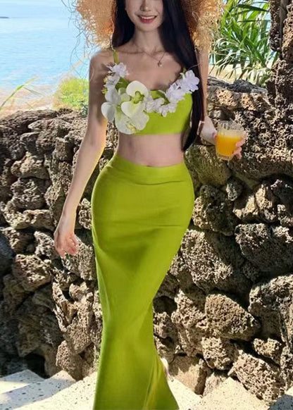 Green Chic And Cotton Tank Skirts Open Two-Piece Set Floral Side