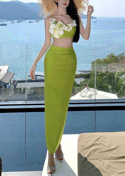 Green Chic And Cotton Tank Skirts Open Two-Piece Set Floral Side