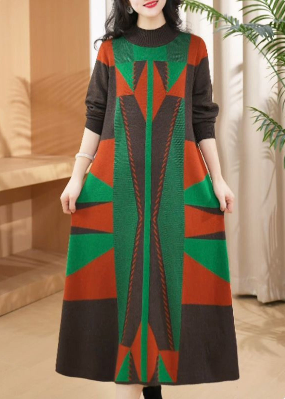 Chic Green O Neck Geometric Woolen Long Knit Dress Winter RF012