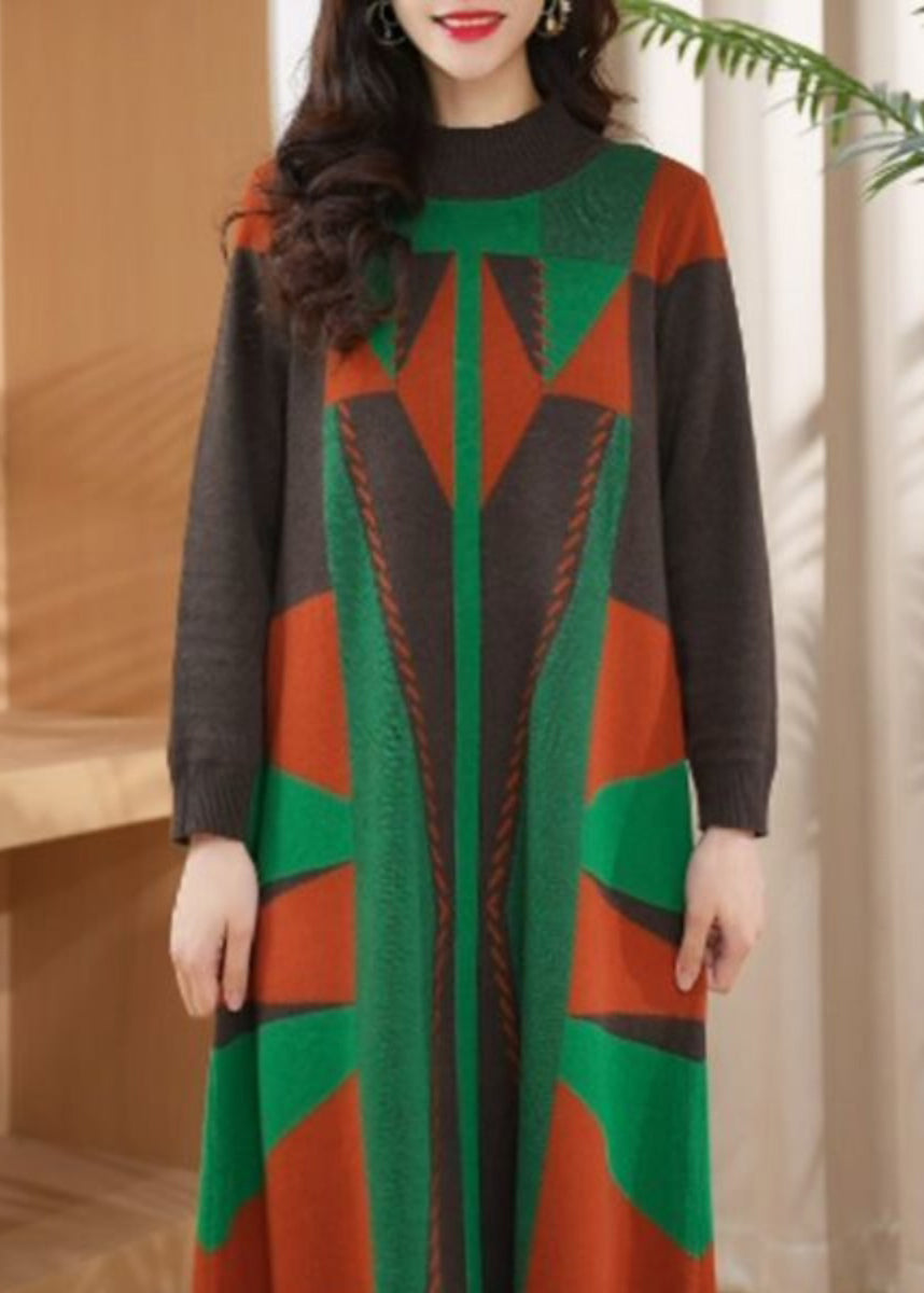 Chic Green O Neck Geometric Woolen Long Knit Dress Winter RF012