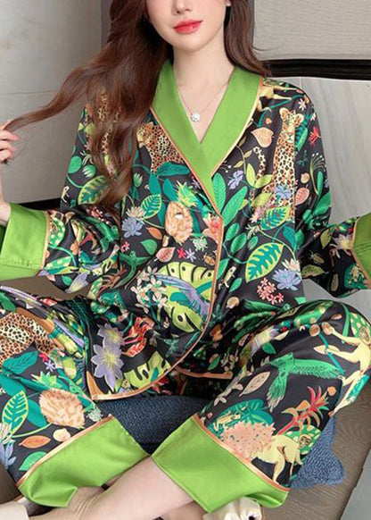 Chic Green Peter Pan Collar Print Ice Silk Pajamas Two-Piece Set Spring YK010