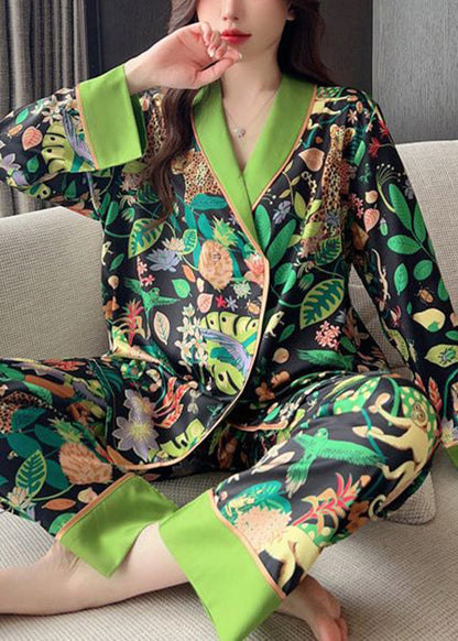 Chic Green Peter Pan Collar Print Ice Silk Pajamas Two-Piece Set Spring YK010