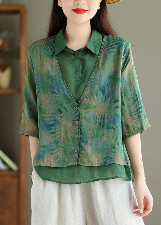 Chemise en lin à imprimé vert chic en deux pièces à demi-manches VV086