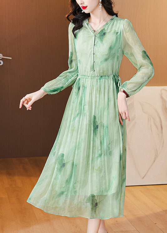 Robe chic en mousseline de soie à lacets et imprimé volants vert été BB034