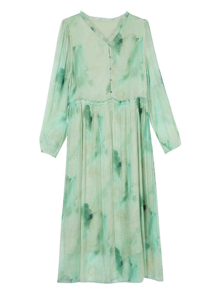 Robe chic en mousseline de soie à lacets et imprimé volants vert été BB034