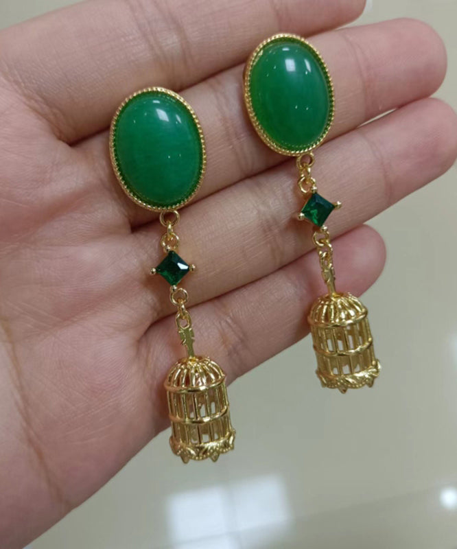 Chic Green Sterling Silver Overgild Hollow Out Birdcage Drop Earrings QQ065