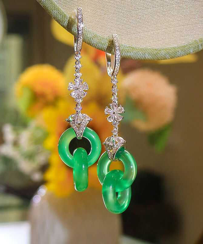 Chic Green Sterling Silver Zircon Jade Ping Buckle Tassel Drop Earrings AC1078