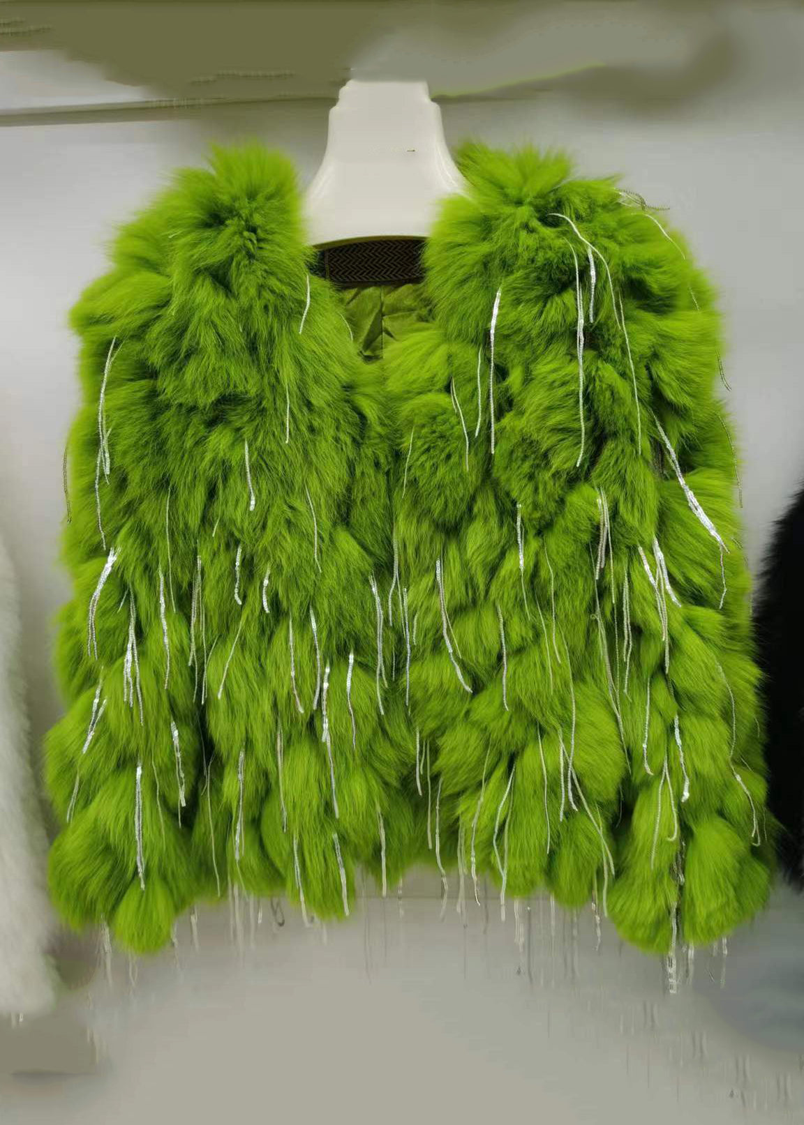 Chic Green Tasseled Original Design Leather And Fur Coats Spring YW043