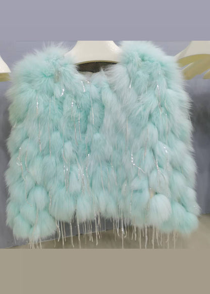 Chic Green Tasseled Original Design Leather And Fur Coats Spring YW043