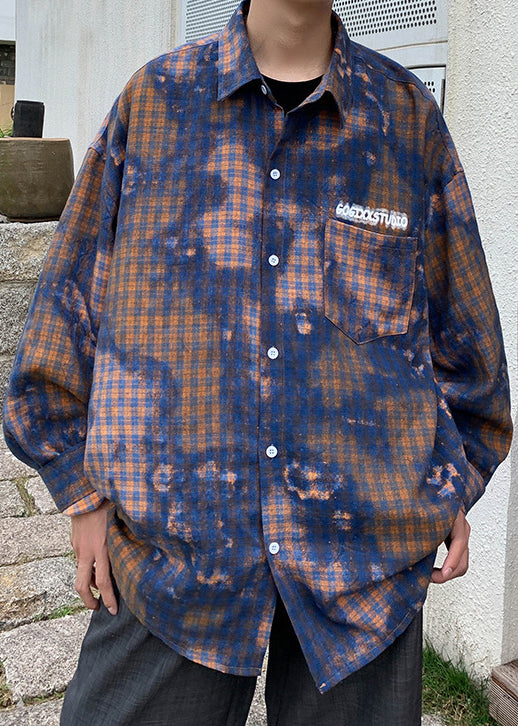 Spring Dye Shirts Tie Green Cotton Chic Oversized Men's Plaid