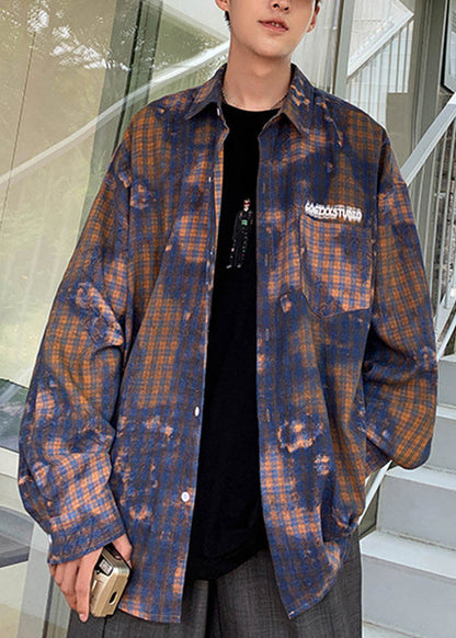 Spring Dye Shirts Tie Green Cotton Chic Oversized Men's Plaid