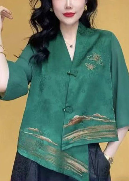 Chic Green V Neck Button Silk Shirts Bracelet Sleeve VV044