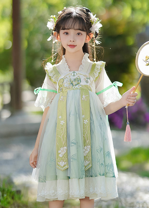 Neck Dress Ruffled Chic Patchwork V Maxi Green Chiffon Kids