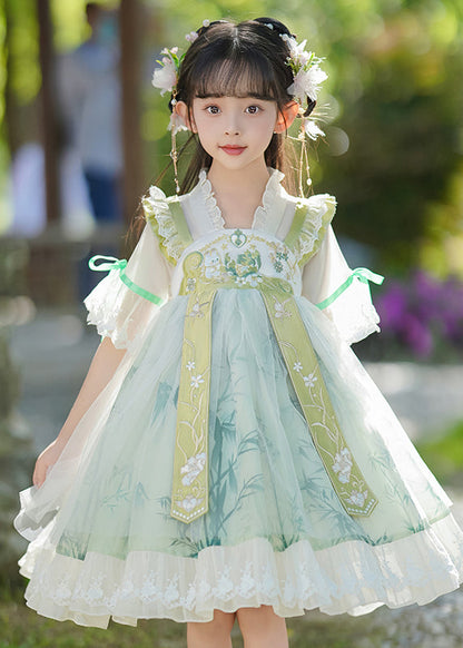 Neck Dress Ruffled Chic Patchwork V Maxi Green Chiffon Kids