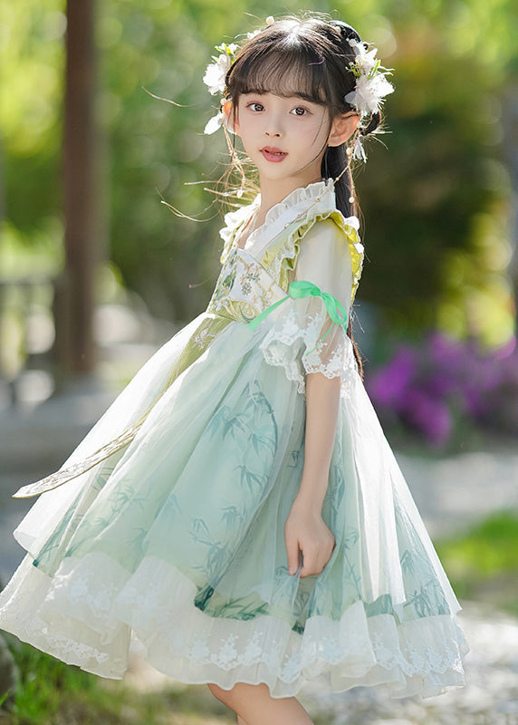 Neck Dress Ruffled Chic Patchwork V Maxi Green Chiffon Kids