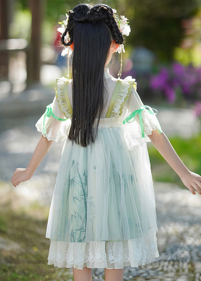 Neck Dress Ruffled Chic Patchwork V Maxi Green Chiffon Kids