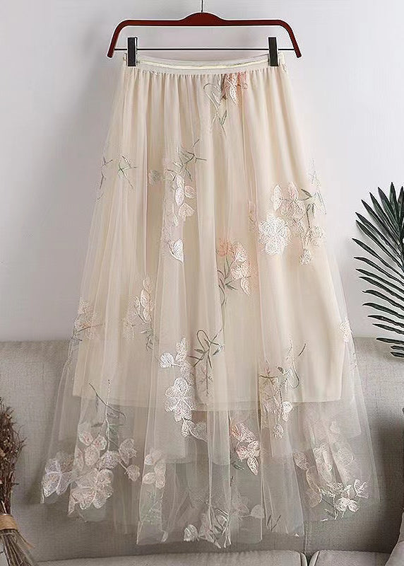 Chic Grey Embroidered Elastic Waist Tulle Skirts Spring QQ1055