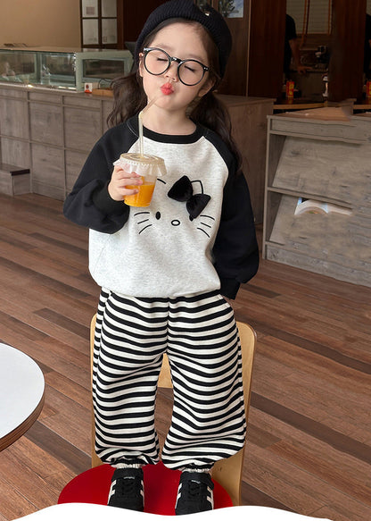 Chic Grey O-Neck Striped Girls Sweatshirt And Lantern Pants Two Piece Set Spring TR007